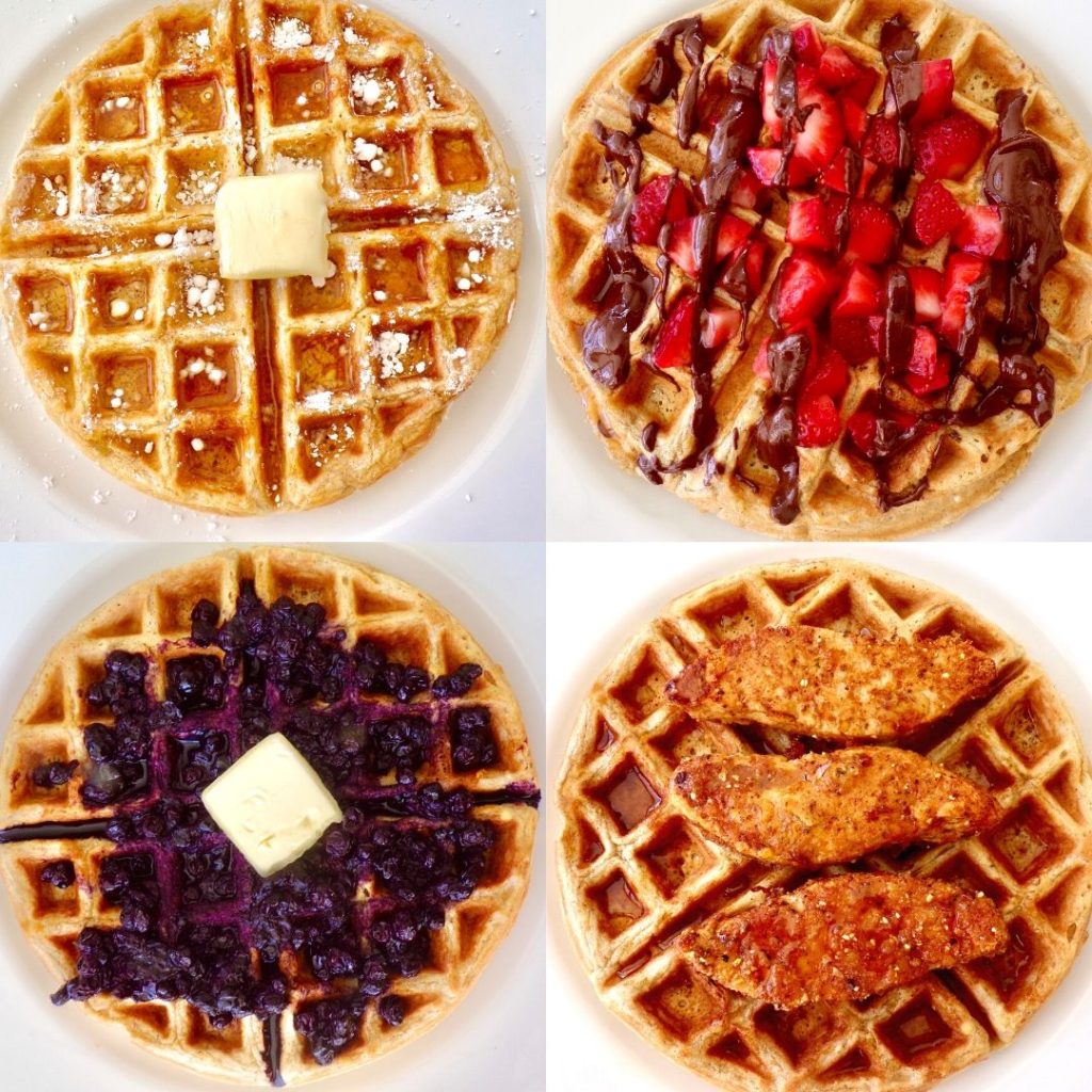 vegan waffles: butter and syrup, chocolate strawberry, blueberry compote, vegan chickn and waffles