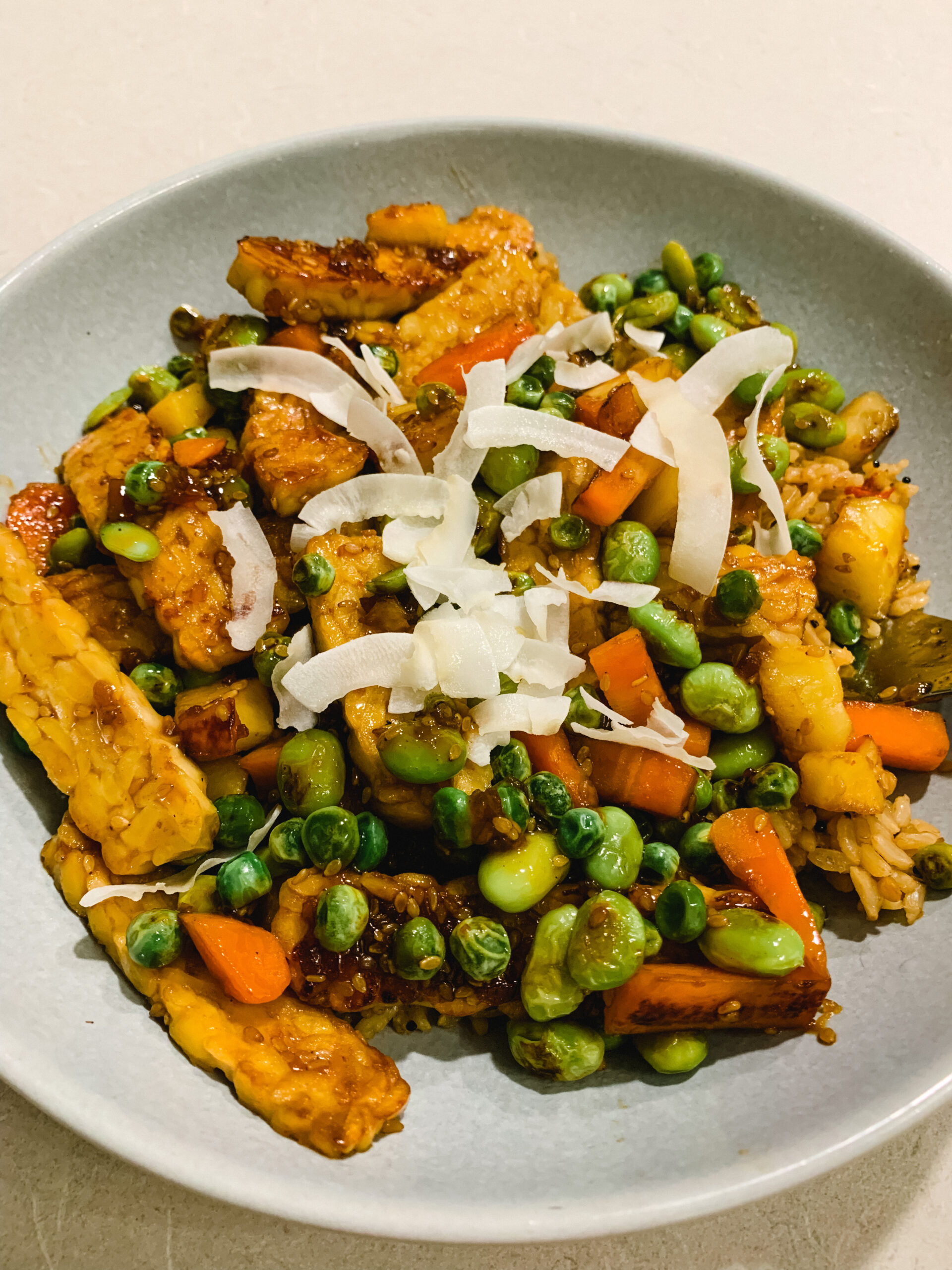 fried rice with tempeh, a great source of vegan protein