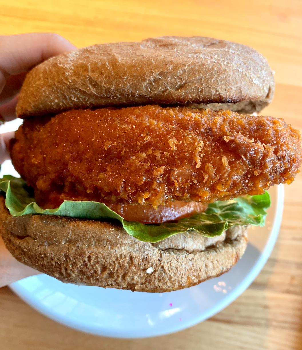 buffalo "chicken" sandwich made with seitan, a popular vegan protein source