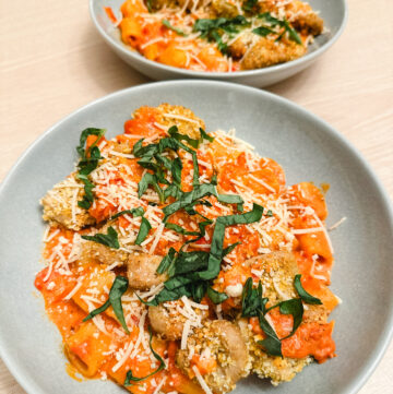 plated creamy vegan chicken rigatoni