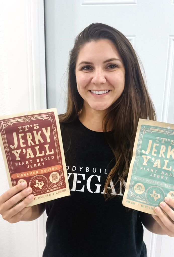 myplantbasedfriend holding vegan jerky